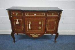 A FRENCH LOUIS XVI STYLE KINGWOOD, PARQUETRY INLAID, BREAKFRONT SIDEBOARD, with brass mounts,