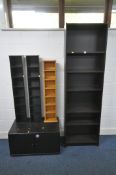 A SELECTION OF MODERN FURNITURE, to include a tall open bookcase, width 60cm x depth 29cm x height
