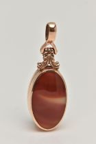 A DOUBLE SIDED HARDSTONE FOB PENDANT LOCKET, oval design set with bloodstone and carnelian inlays,