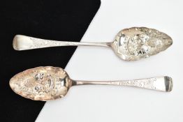 A PAIR OF GEORGE III SILVER BERRY SPOONS, with later added embossed and engraved detail,