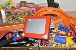 THREE BOXES OF VINTAGE TOYS AND GAMES, to include a Bayko Building set, a quantity of Matchbox