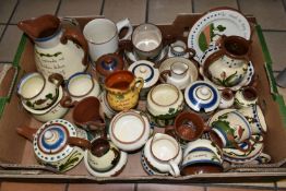 A BOX OF DEVON MOTTO WARE, approximately thirty five pieces by various potteries including Watcombe,