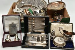 A BOX OF ASSORTED WHITE METAL, to include four silver teaspoons, hallmarked 'Cooper Brothers &