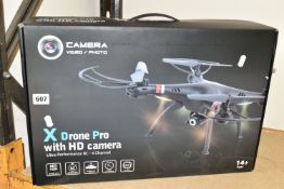 A BOXED X DRONE PRO WITH HD CAMERA, complete with transmitter and spare rotor blades, camera records