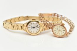 TWO LADYS WRISTWATCHES, the first a 9ct gold Everite watch, with oval face and baton markers, 9ct