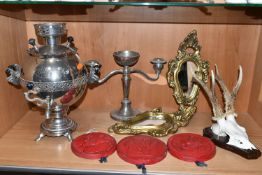 A GROUP OF METALWARE, comprising a Russian electric samovar with plug and wiring 1987 and Russian