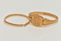 A LATE VICTORIAN 22CT GOLD SIGNET RING AND A BAND RING, shield shape signet with engraved
