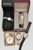 FOUR WRISTWATCHES AND A PEDOMETER, to include a boxed ladys 'Seiko' wristwatch, a boxed ladys '