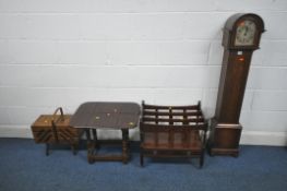 A SELECTION OF OCCASIONAL FURNITURE, to include an oak cased granddaughter clock, a mahogany