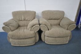 A PAIR OF LIGHT BROWN UPHOLSTERED ARMCHAIRS, width 108cm x depth 94cm x height 76cm (condition