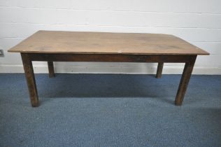 A 19TH CENTURY FRENCH CHESTNUT FARMHOUSE TABLE, with a four plank top, on block legs, length 213cm x