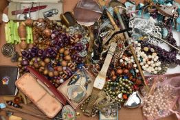 A BOX OF ASSORTED ITEMS, to include beaded necklaces, bracelets, brooches, earrings, fashion
