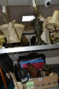 ONE BOX AND LOOSE MISCELLANEOUS SUNDRIES, top include three table lamps with cream shades, a
