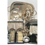 A BOX OF ASSORTED WHITE METAL WARE, to include a large tray, coasters, entree dish with cover, a