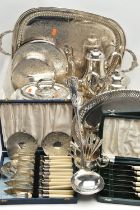 A BOX OF ASSORTED WHITE METAL WARE, to include a large tray, coasters, entree dish with cover, a