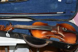A CASED VIOLIN, stamped Stainer to the top of its two piece back, total length 58cm, in a hard