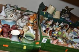 THREE BOXES OF CERAMICS AND ORNAMENTS, to include a Denby 'Manor green' 1.5 pint jug, a West