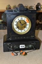 A BLACK SLATE MANTEL CLOCK, the case of architectural form with inlaid black and green/blue marble