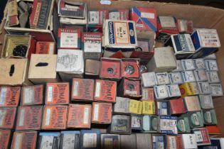 A BOX OF THERMIONIC VACUUM TUBES (VALVES), boxed and unboxed valves including Marconi, Mullard,