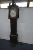 A GEORGIAN MAHOGANY EIGHT DAY LONGCASE CLOCK, the hood with swan neck pediment and brass finial,