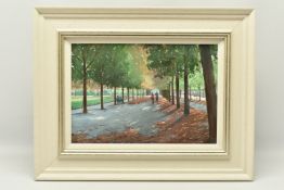 CHARLES ROWBOTHAM (BRITISH CONTEMPORARY) 'AUTUMN IN PARIS', figures walking in the shade of trees,