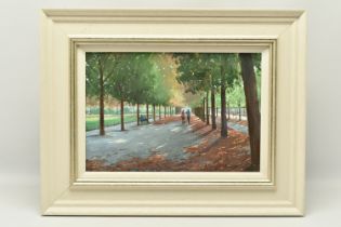 CHARLES ROWBOTHAM (BRITISH CONTEMPORARY) 'AUTUMN IN PARIS', figures walking in the shade of trees,