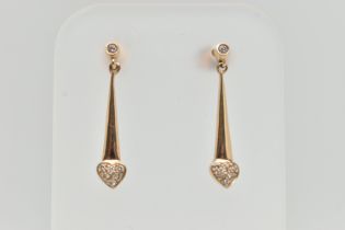A PAIR OF 9CT GOLD DIAMOND DROP EARRINGS, each of a tapered drop design with round brilliant cut