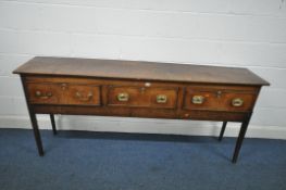 A 19TH CENTURY OAK DRESSER BASE, with three drawers, one drawer with brass swan neck handles, the