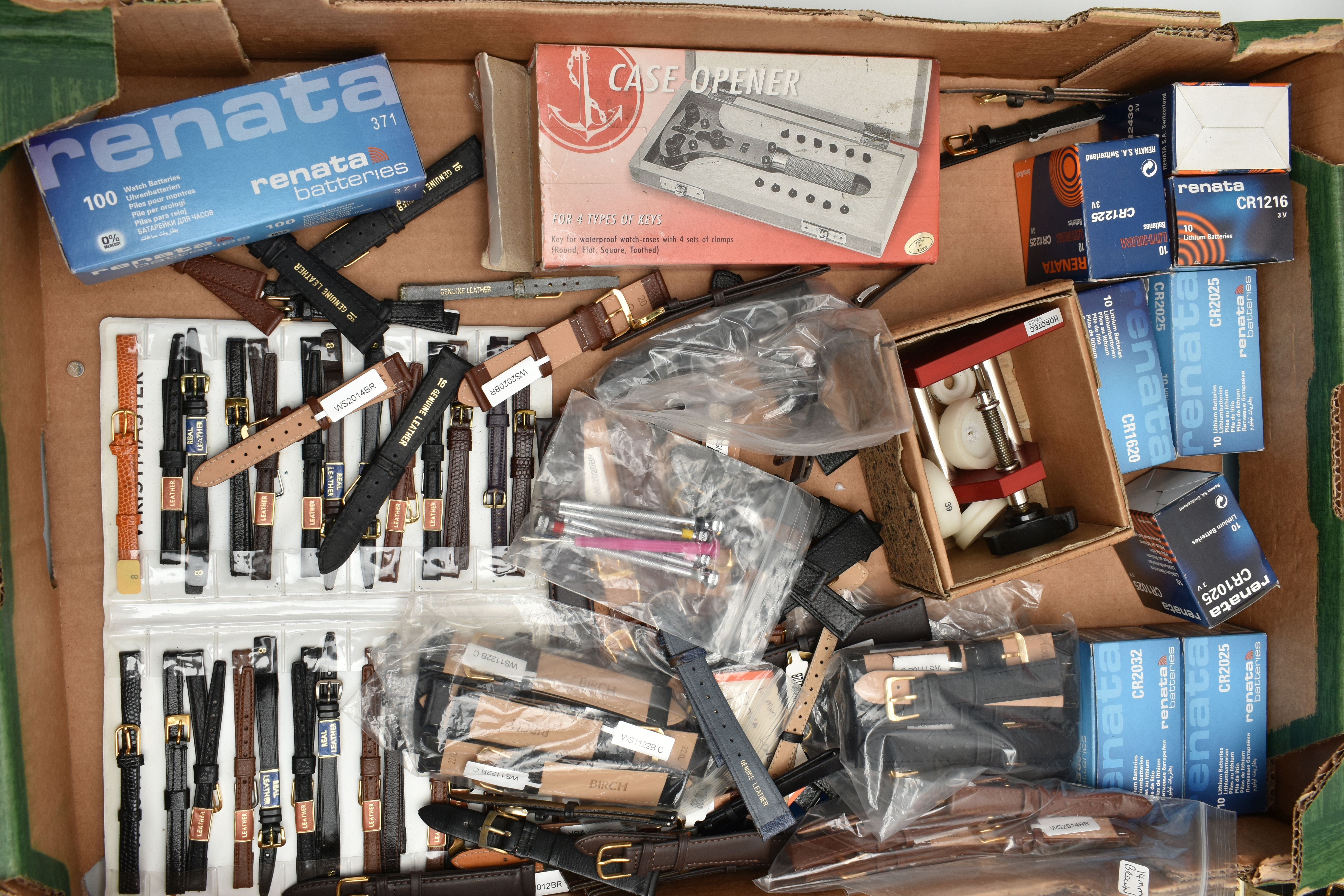 A BOX OF ASSORTED WATCH PARTS, to include watch batteries, a case opener, a large selection of watch - Image 4 of 4