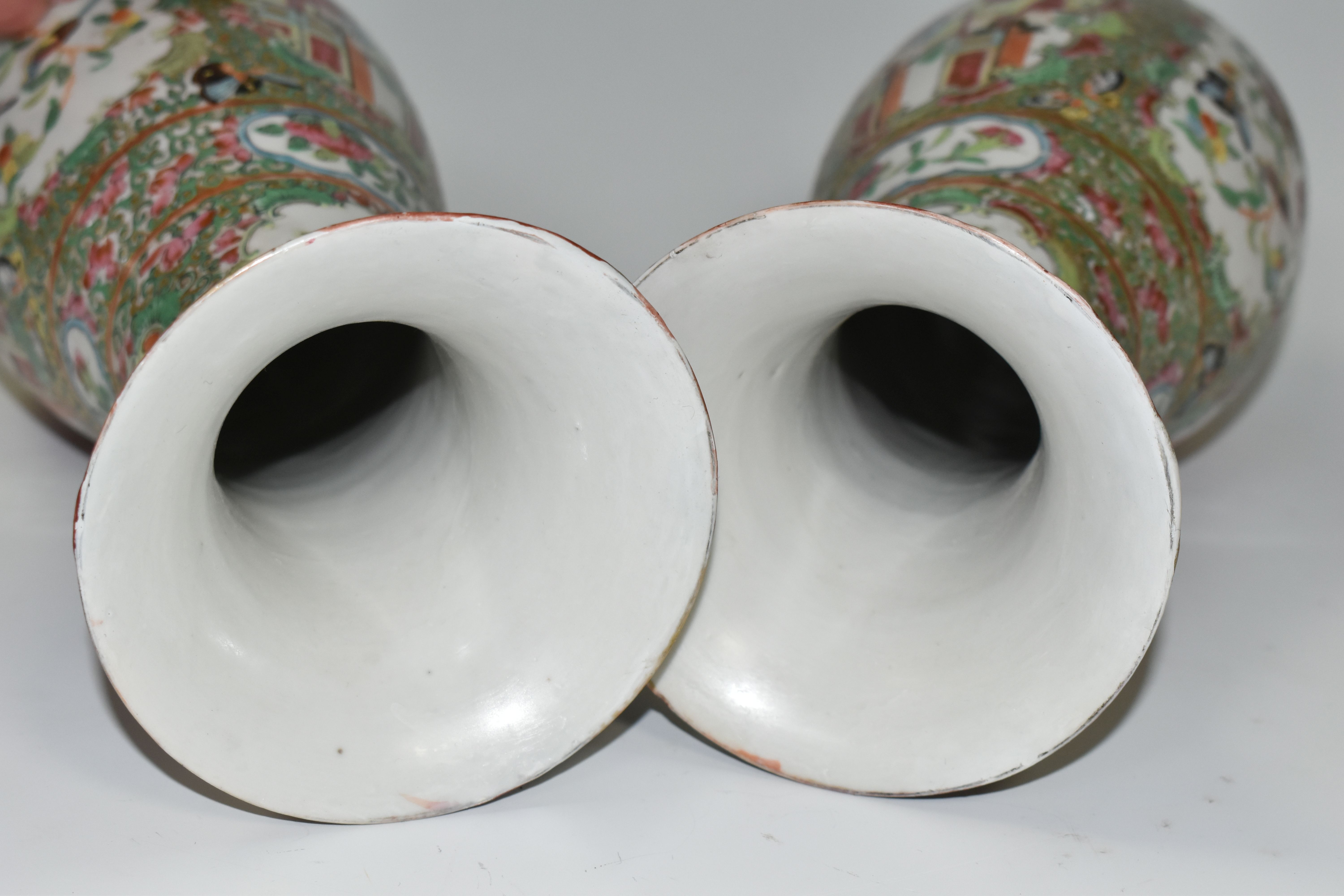 A NEAR PAIR OF LATE 19TH CENTURY CHINESE CANTON FAMILLE ROSE PORCELAIN BALUSTER VASES, with flared - Image 4 of 5