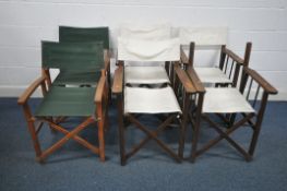 A SET OF FOUR 20TH CENTURY FOLDING DIRECTORS CHAIRS, with white fabric, along with a pair of folding