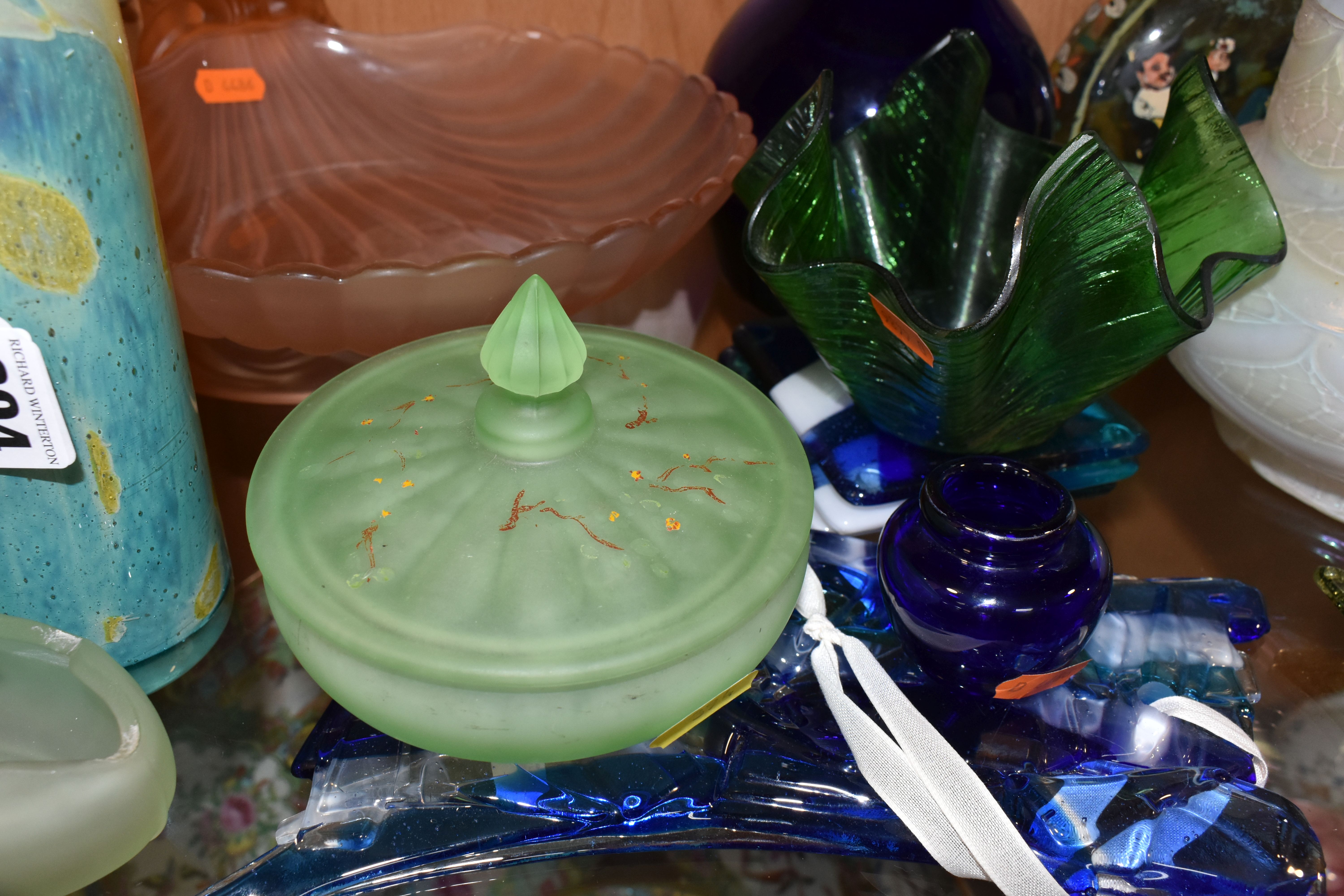 A COLLECTION OF COLOURED GLASSWARE, comprising two pale blue satin quilted air - trap vases, - Image 4 of 13