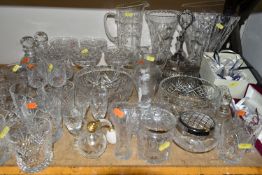 A QUANTITY OF CUT GLASS WARES ETC, to include a fan shaped vase, approximate height 25cm, vase