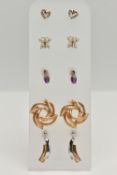 A SELECTION OF EARRINGS, to include a pair of 9ct gold abstract stud earrings, post and scroll