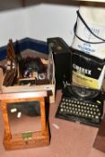 A BOX AND LOOSE TYPEWRITER, CLOCK, DIECAST VEHICLES AND SUNDRY ITEMS, to include an Imperial