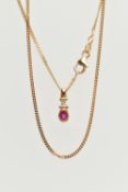 A 18CT GOLD GEM SET NECKLACE, an oval cut ruby bezel set in yellow gold, surmount round brilliant