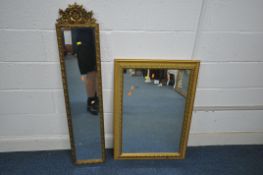 A RECTANGULAR GILT FRAMED WALL MIRROR, 90cm x 64cm, and another wall mirror (condition, general