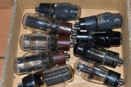 A BOX OF THERMIONIC VACUUM TUBES (VALVES), nine unboxed valves including National Union, Osram and