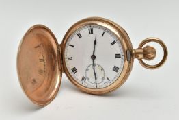 A GOLD PLATED FULL HUNTER POCKET WATCH, manual wind, round white dial, Roman numerals, subsidiary