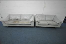 A 1980'S POLTRONA FRAU GREY LEATHER UPHOLSTERED TWO PIECE LOUNGE SUITE, comprising a three seater