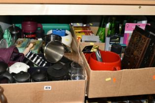 FOUR BOXES AND LOOSE KITCHEN WARES AND SUNDRY ITEMS, to include four Brabantia plate warmers,