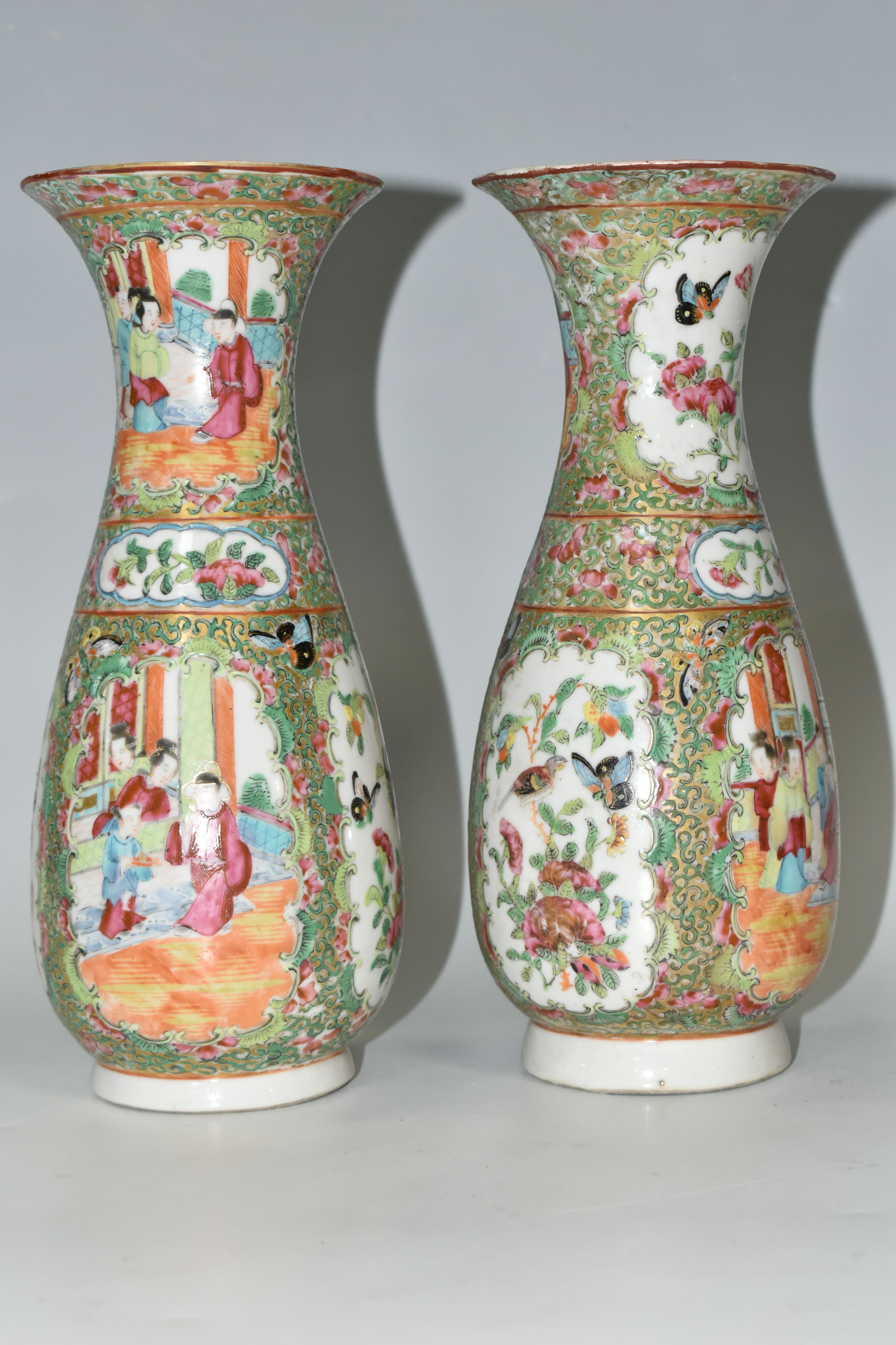 A NEAR PAIR OF LATE 19TH CENTURY CHINESE CANTON FAMILLE ROSE PORCELAIN BALUSTER VASES, with flared - Image 3 of 5
