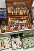 ASSORTED CUTLERY, to include a wooden canteen with cutlery, cased coffee spoons, cased cake forks, a