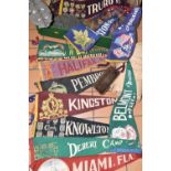 A BOX OF VINTAGE AMERICAN AND CANADIAN PENNANTS, A BELL TENT AND SUNDRY ITEMS, to include twenty