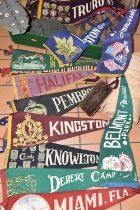 A BOX OF VINTAGE AMERICAN AND CANADIAN PENNANTS, A BELL TENT AND SUNDRY ITEMS, to include twenty