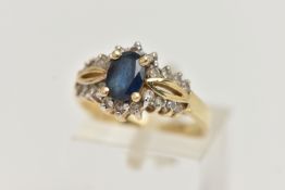 A SAPPHIRE AND DIAMOND RING, designed as a central oval sapphire within a brilliant cut diamond