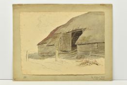 CIRCLE OF ROBERT HILLS (1769-1844) AN UNFINISHED STUDY OF A BARN, unsigned pencil and watercolour on
