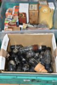 A BOX OF THERMIONIC VACUUM TUBES (VALVES), boxed and unboxed valves including G. E. C., Sovtek,