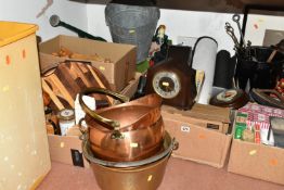 SIX BOXES AND LOOSE METALWARES, TREEN AND SUNDRY HOMEWARES, to include a copper helmet form coal