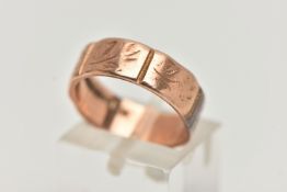 A LATE VICTORIAN 9CT ROSE GOLD BAND RING, wide band, approximate band width 6.3mm, worn floral